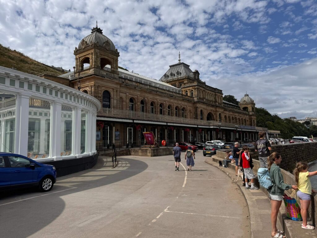 The grand exterior of the historic Scarborough Spa on the South Bay.